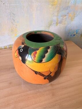 Vintage Latin American Hand-Carved Wooden Vase with Bird and Mountain Motif
